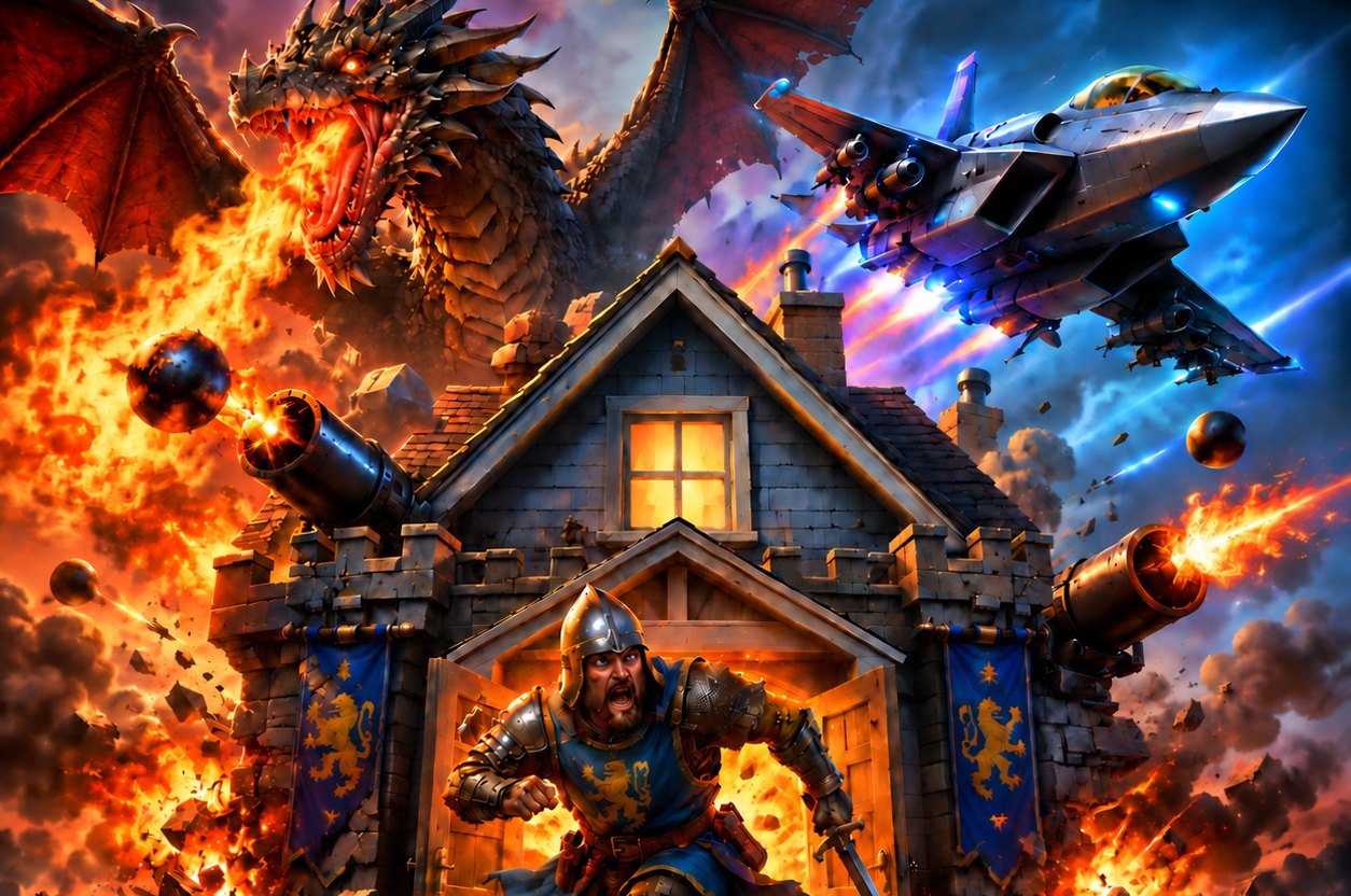 Empire Command AR key art, widescreen crop: dragon and fighter jet clash above a besieged fortified house.