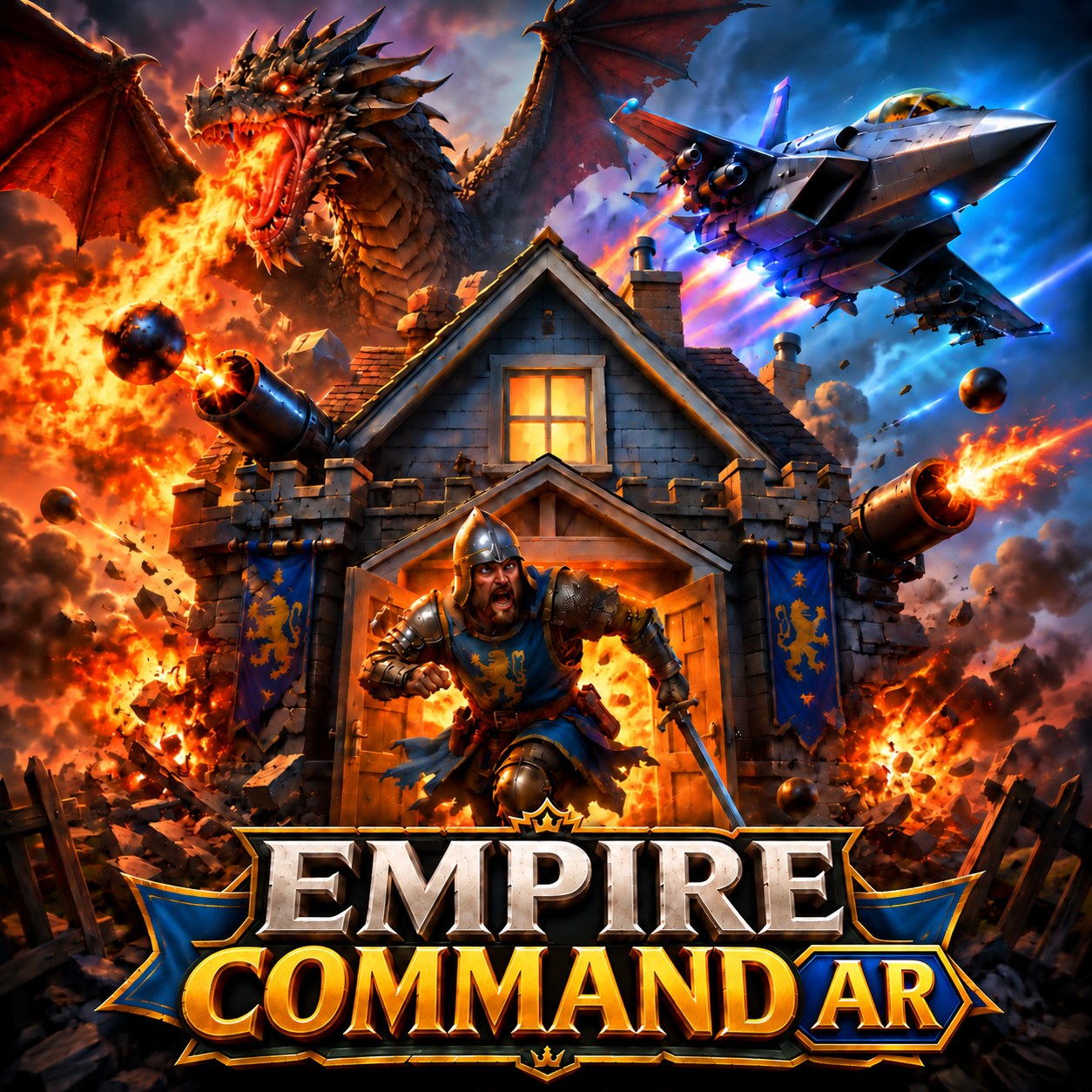 Empire Command AR key art: a knight bursts from a fortified house as a dragon and fighter jet battle overhead.